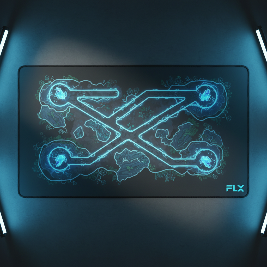 A second view of the FLX Arena Desk Mat XL, showing the neon arena map across the full width of a desk.