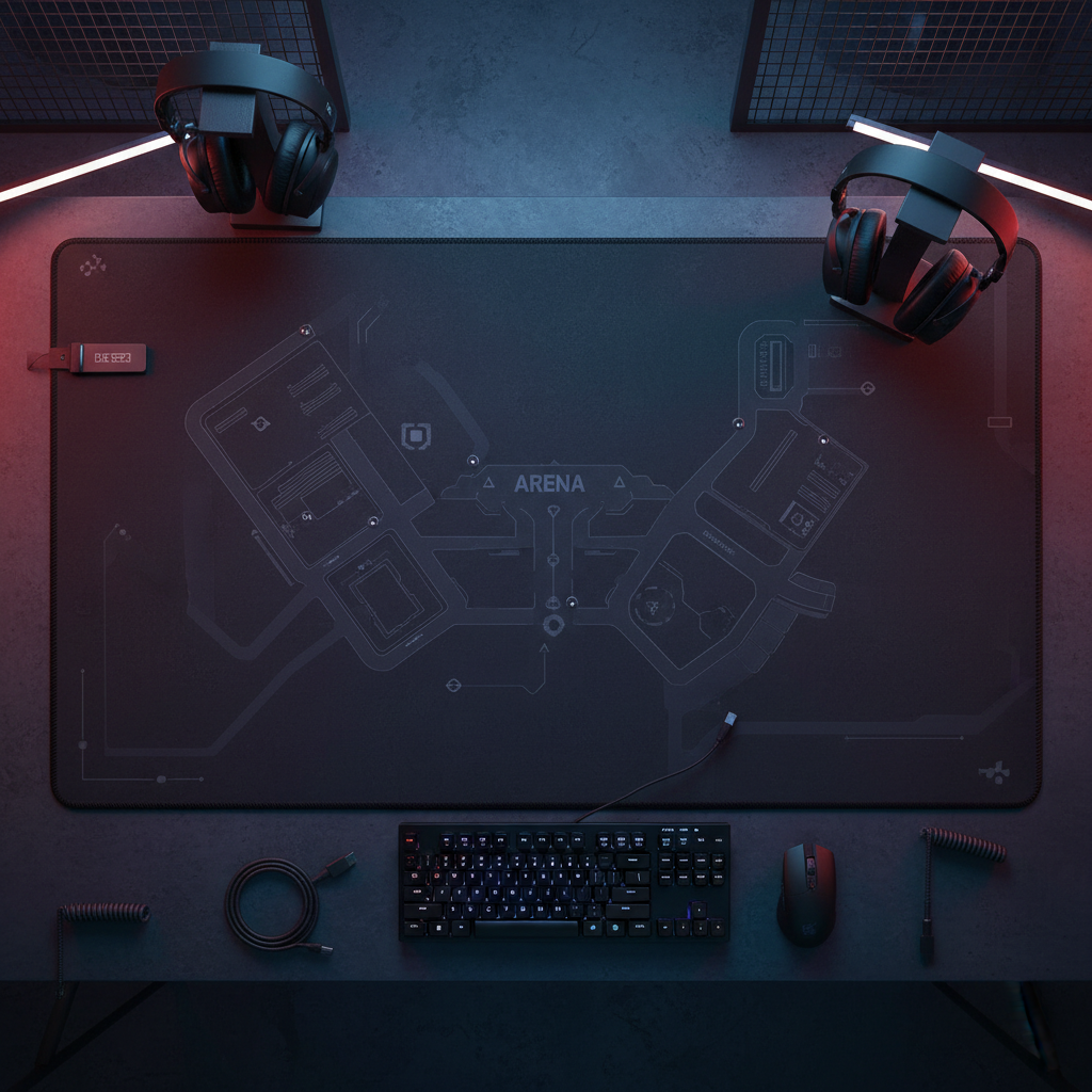 The FLX Arena Desk Mat XL, an extra-wide desk mat printed with the neon Crystal Clash arena map and finished with stitched edges.