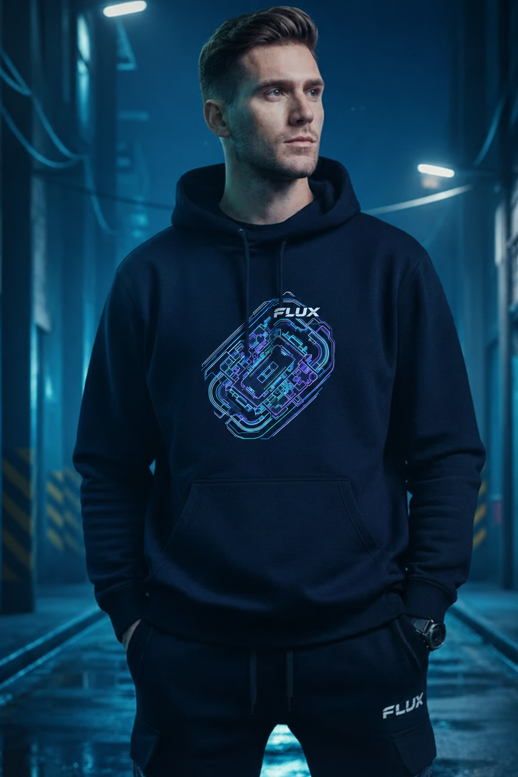 AI-assisted lifestyle mockup of a man wearing the navy Arena Map Hoodie, with a compact blue-purple arena graphic and FLUX wordmark on the chest, in a neon-lit alley.