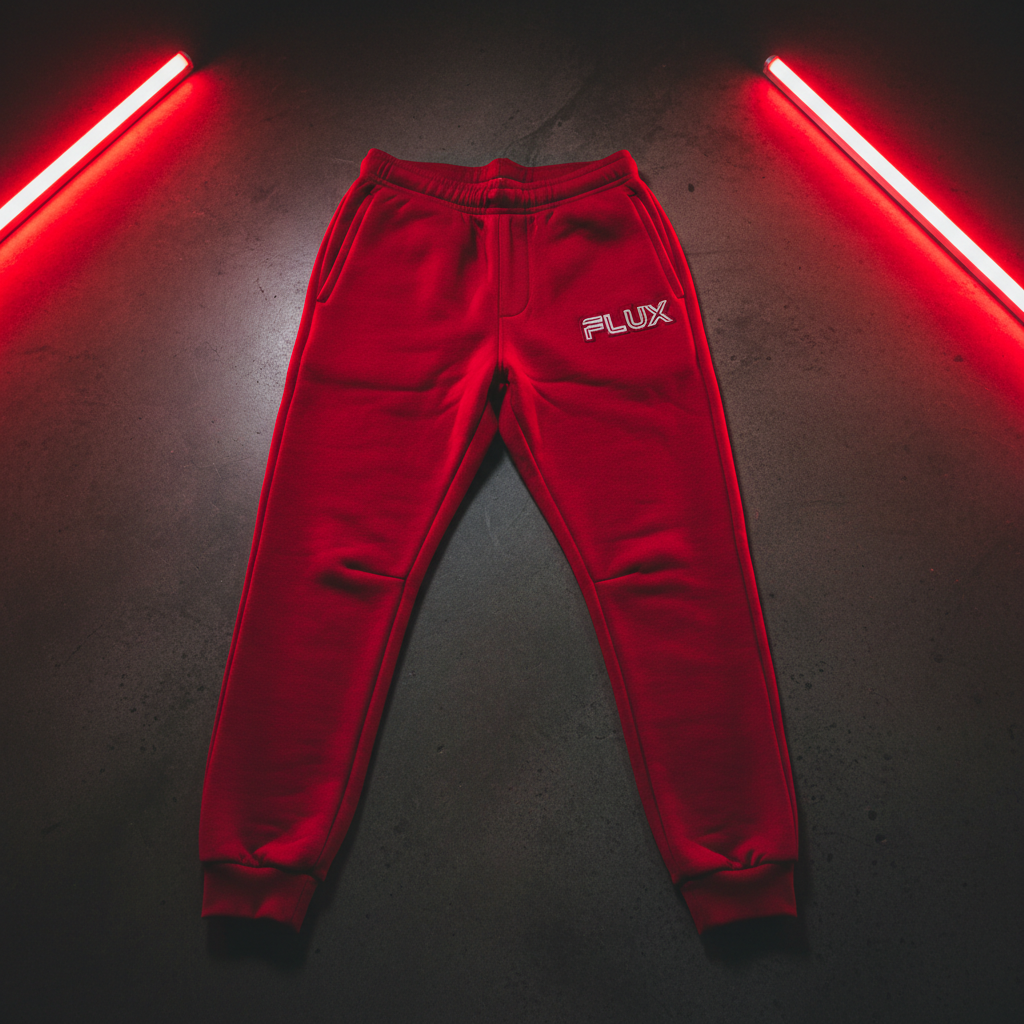 Red FLX AWAY fleece joggers with a white outlined FLUX wordmark at the wearer's left hip.