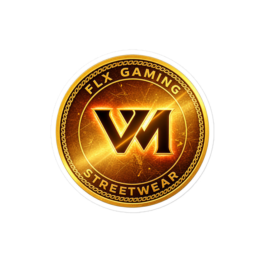 The FLX GENESIS 06 V-Money Coin Sticker: a gold coin lettered V-MONEY and ARENA CURRENCY around a navy V, kiss-cut on white vinyl, 4 × 4 in.