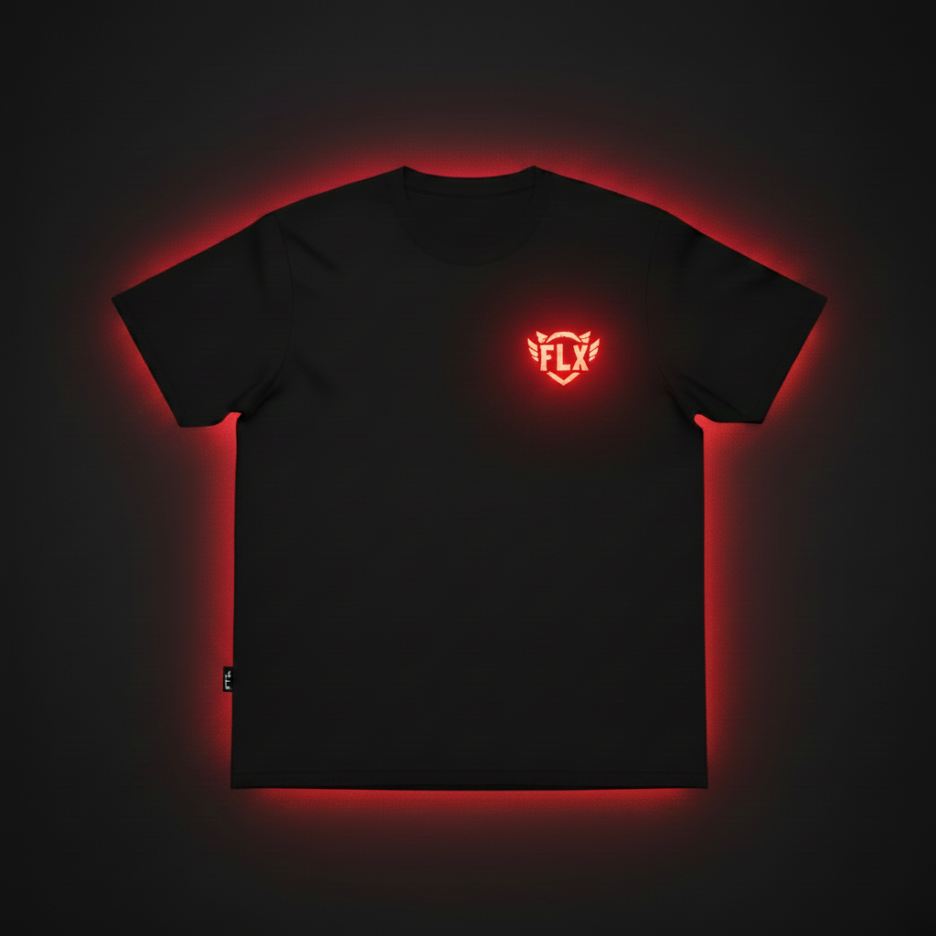 FLX AWAY Red Side tee, with the Break Theirs First slogan printed across the chest under the FLUX mark.