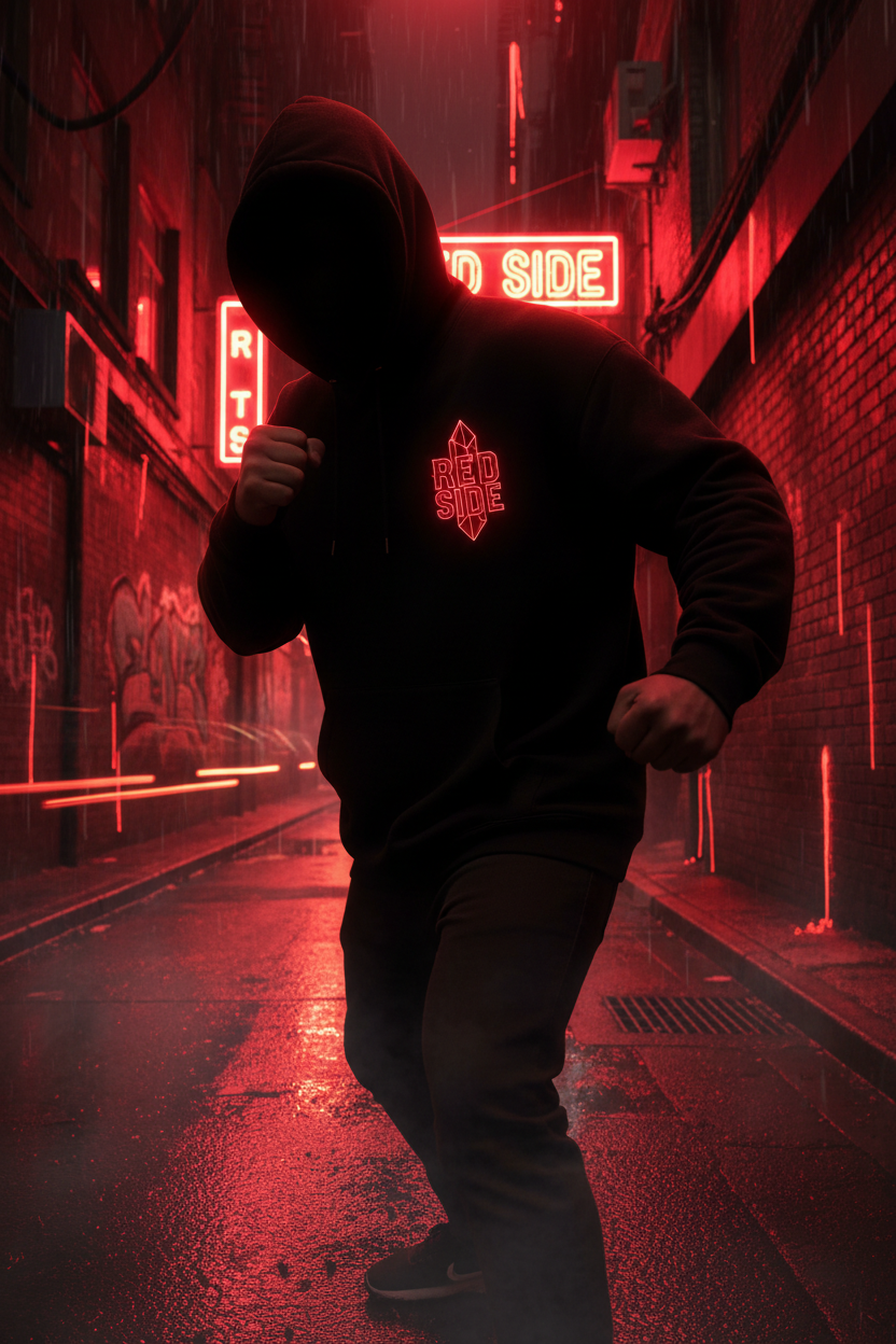 FLX AWAY Red Side heavyweight hoodie, carrying the glowing red crystal varsity crest.