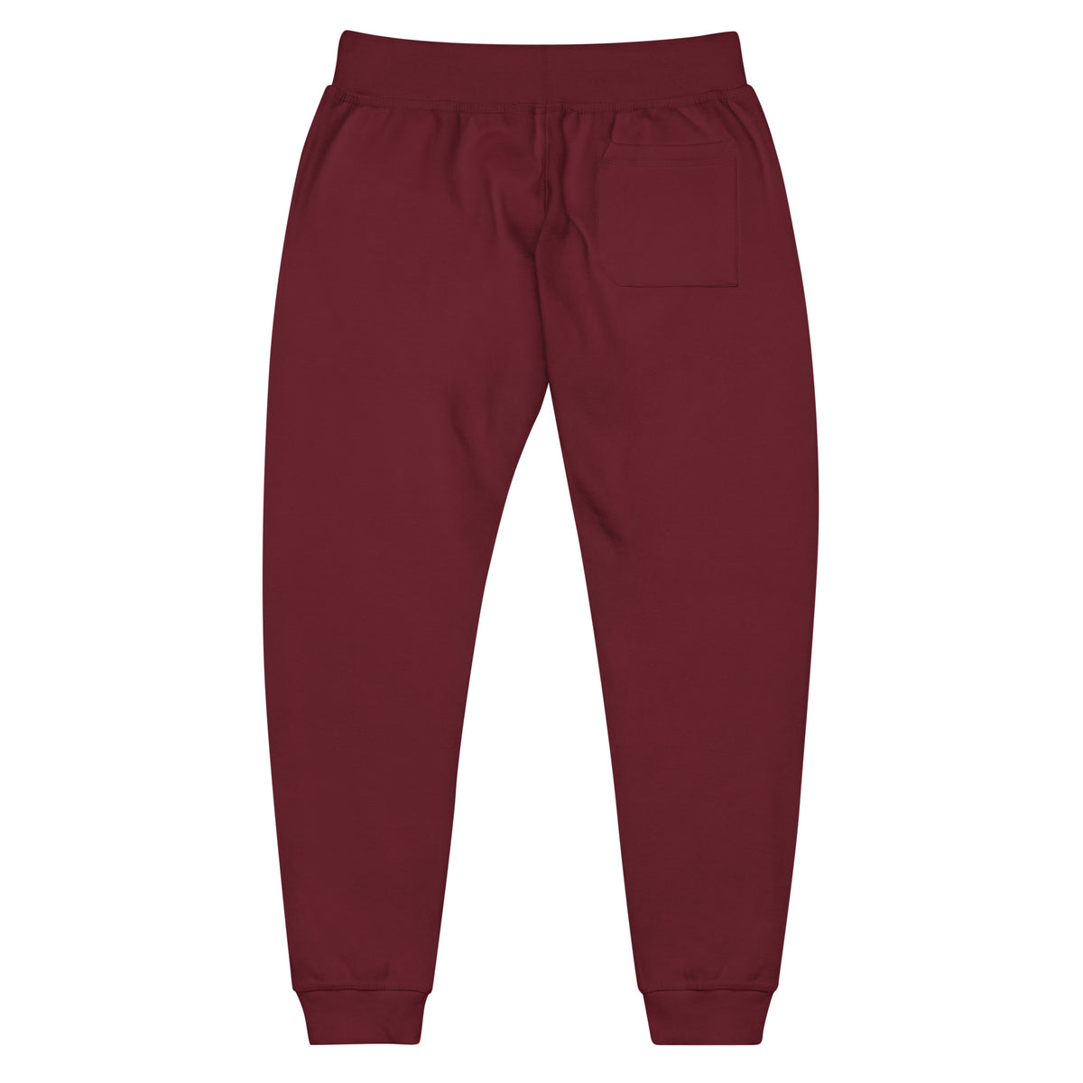 Back view of FLX AWAY Maroon fleece joggers with a plain back, one back-right pocket and ribbed cuffs.