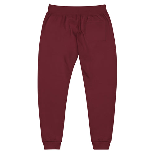 Back view of FLX AWAY Maroon fleece joggers with a plain back, one back-right pocket and ribbed cuffs.