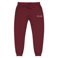 Front view of FLX AWAY Maroon fleece joggers with solid white FLUX embroidery at the wearer-left hip and matching drawstrings.