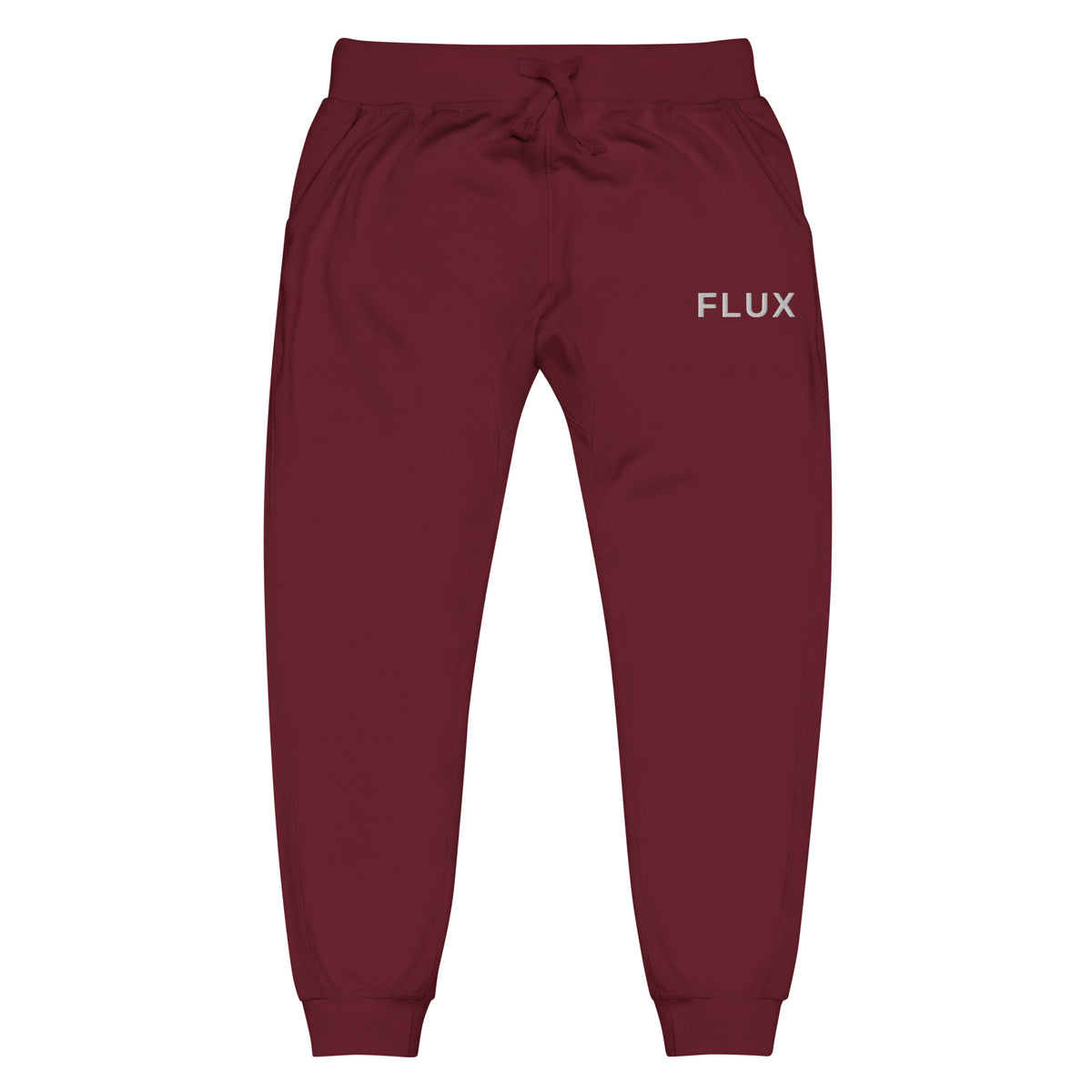 Front view of FLX AWAY Maroon fleece joggers with solid white FLUX embroidery at the wearer-left hip and matching drawstrings.