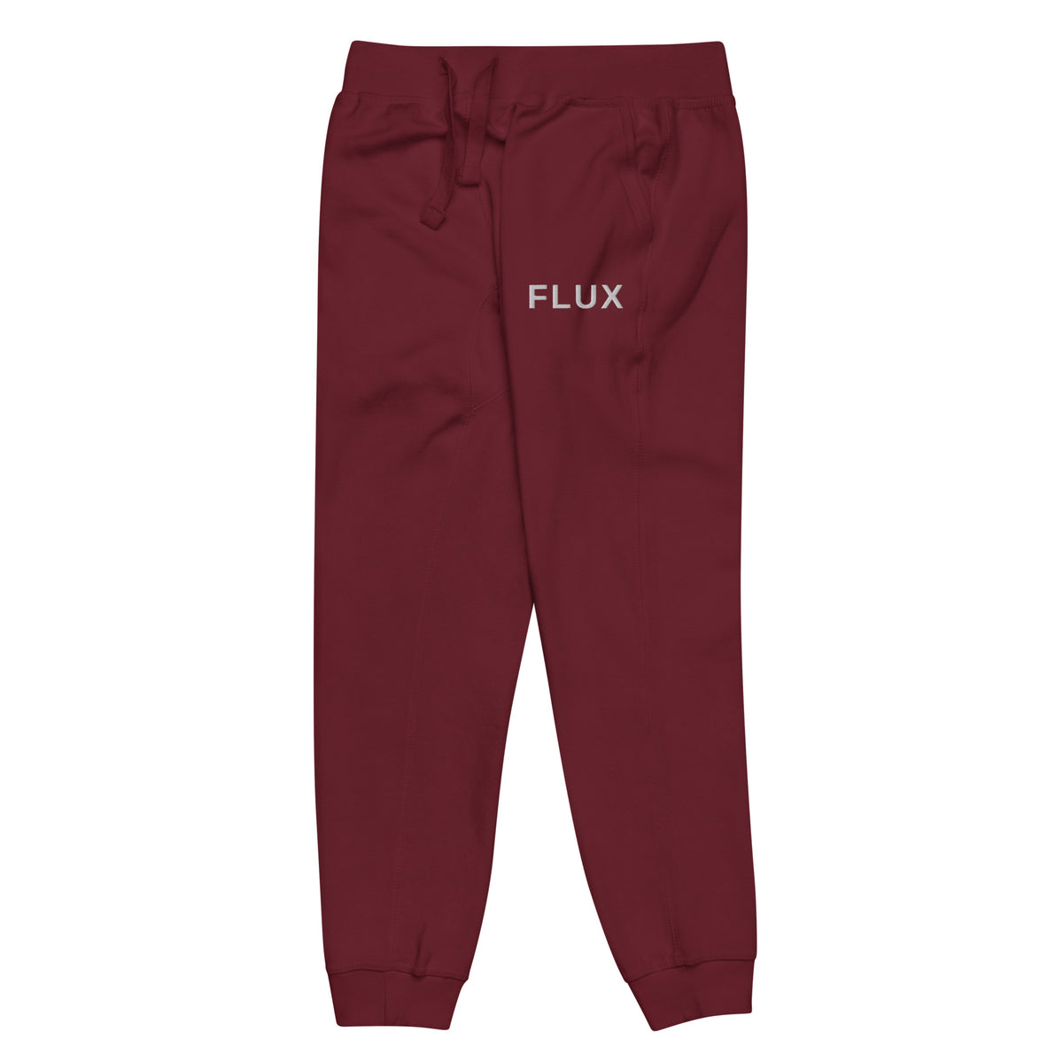 Angled front view of FLX AWAY Maroon fleece joggers showing the solid white FLUX embroidery at the wearer-left hip.