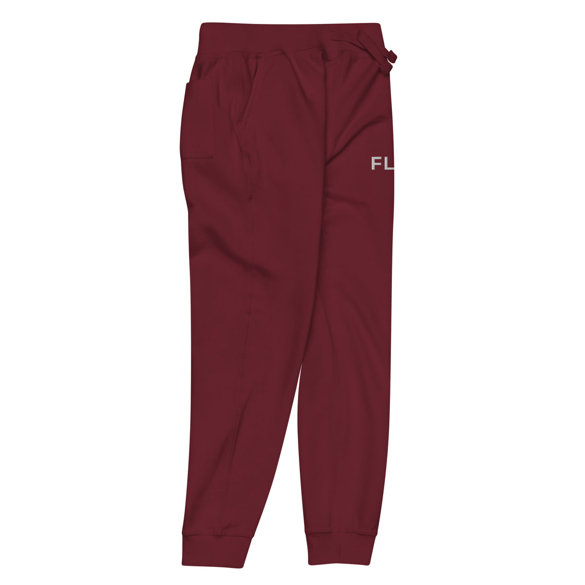 Angled side view of FLX AWAY Maroon fleece joggers showing the right-side pocket, tapered legs and ribbed cuffs.