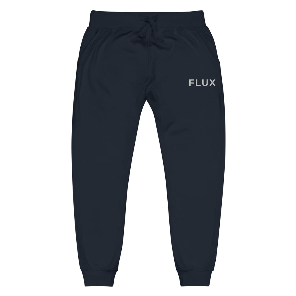 Front view of the FLX HOME Blue Side Fleeced Jogger in Navy Blazer fleece, with white FLUX embroidery at the wearer-left hip and a drawstring waist.