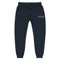 Front view of the FLX HOME Blue Side Fleeced Jogger in Navy Blazer fleece, with white FLUX embroidery at the wearer-left hip and a drawstring waist.