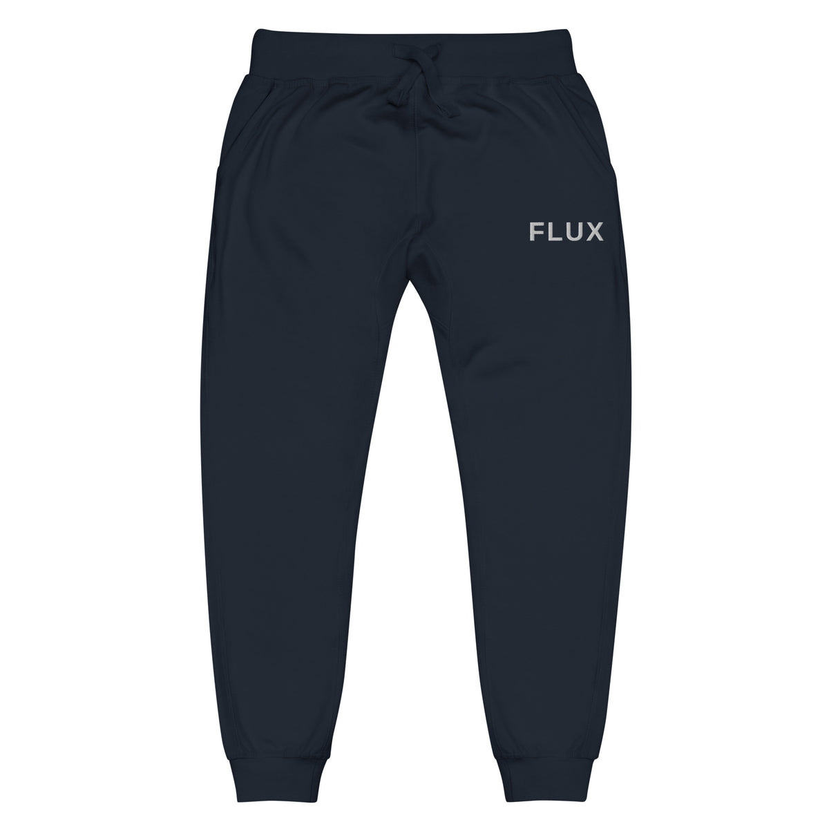 Front view of the FLX HOME Blue Side Fleeced Jogger in Navy Blazer fleece, with white FLUX embroidery at the wearer-left hip and a drawstring waist.