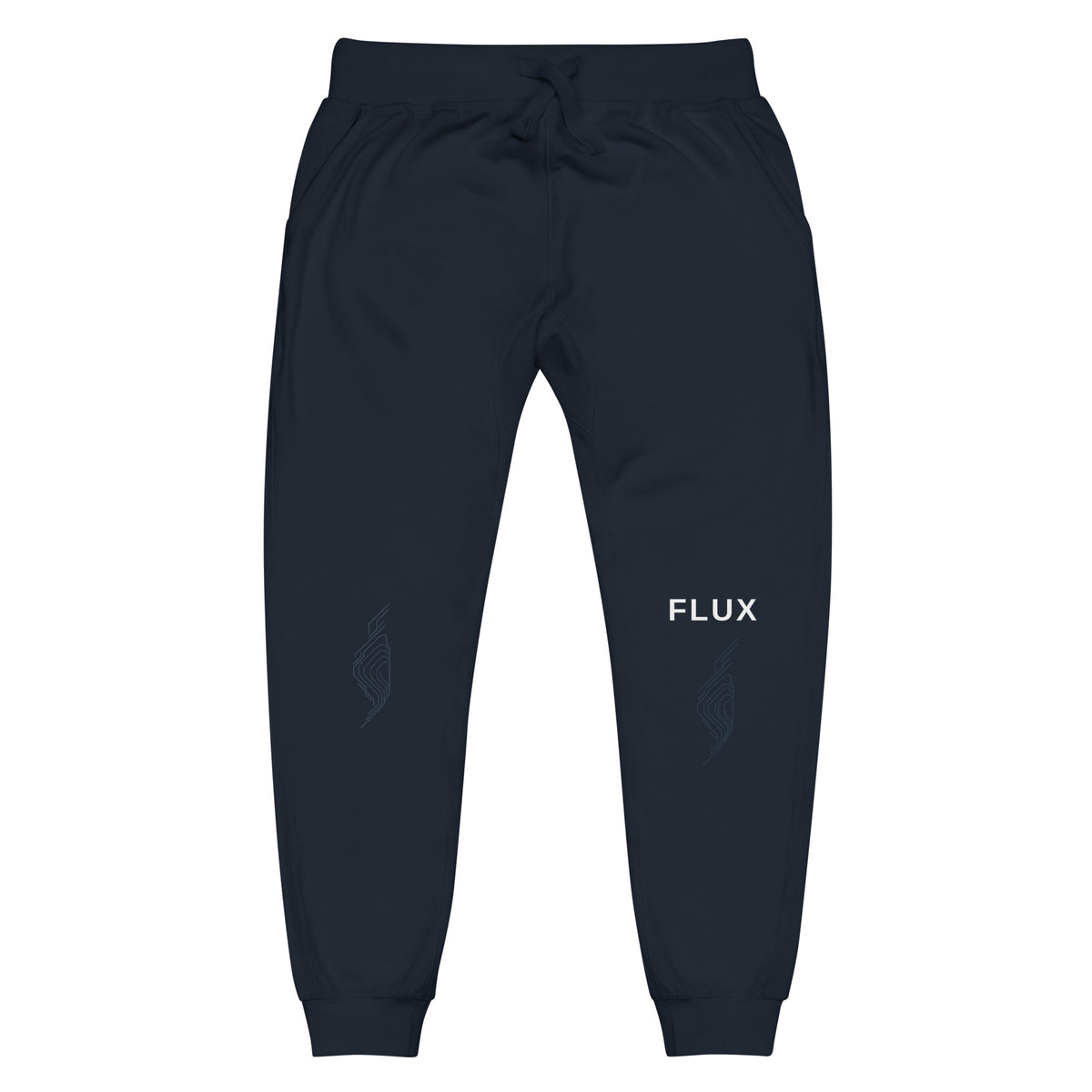 Arena Map Jogger in Navy Blazer cotton-blend fleece, front view with tonal map panels and lower FLUX wordmark.