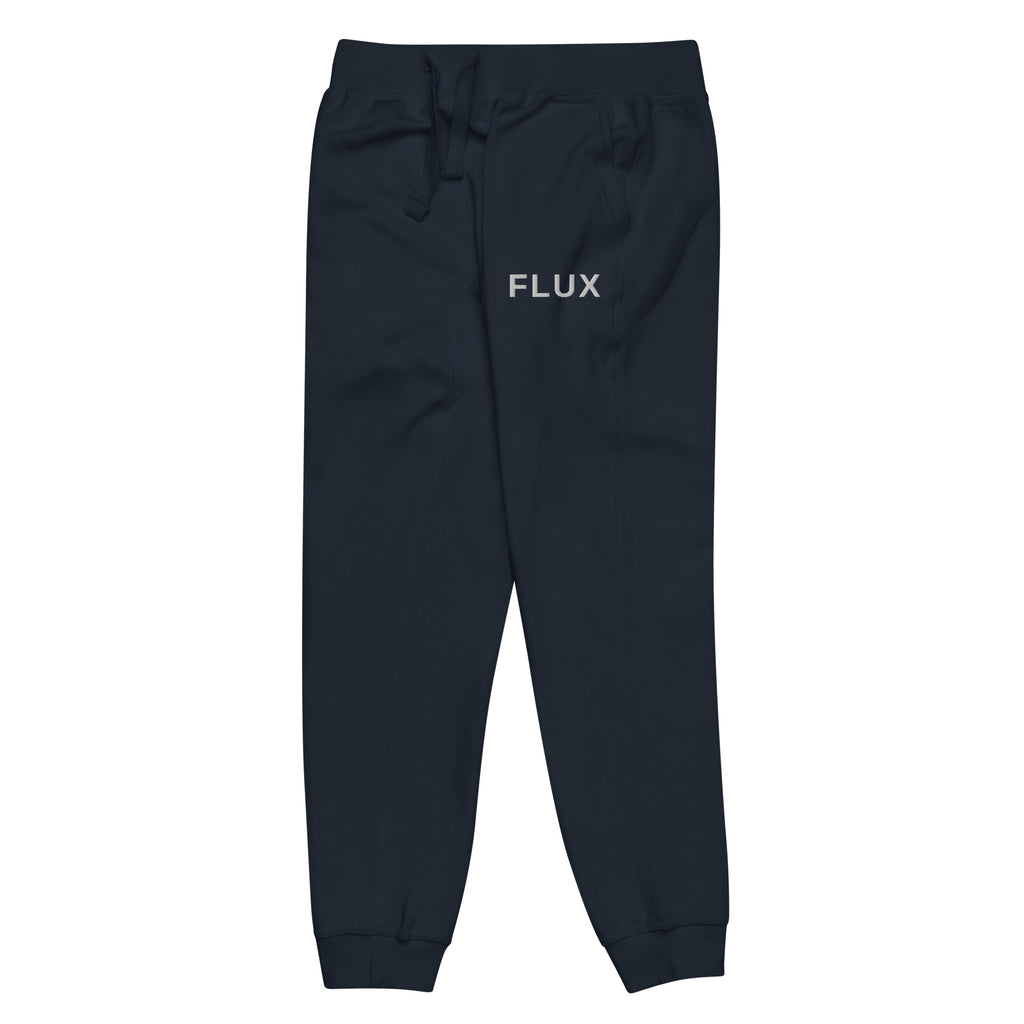 Angled front-left view of the FLX HOME Blue Side Fleeced Jogger, showing the white FLUX embroidery at the hip and the tapered leg.