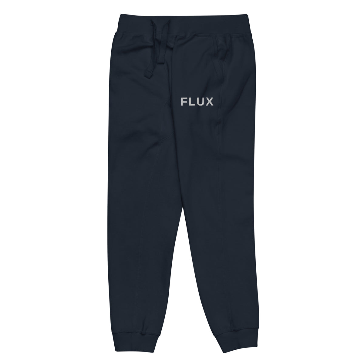 Angled front-left view of the FLX HOME Blue Side Fleeced Jogger, showing the white FLUX embroidery at the hip and the tapered leg.