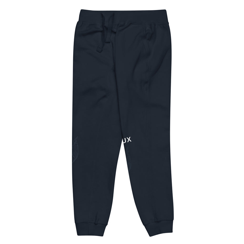 Arena Map Jogger in Navy Blazer cotton-blend fleece, front-left angle showing the lower FLUX wordmark and tonal map panel.