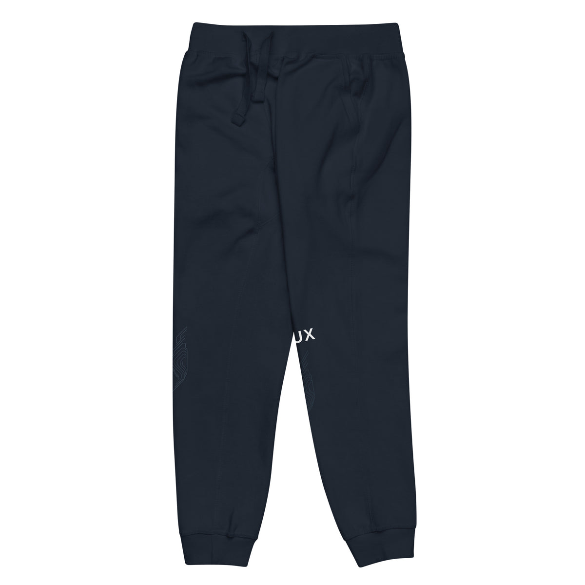 Arena Map Jogger in Navy Blazer cotton-blend fleece, front-left angle showing the lower FLUX wordmark and tonal map panel.