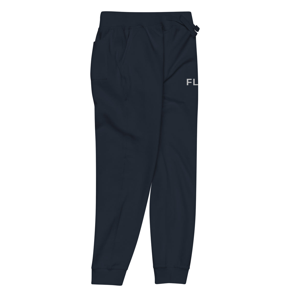 Angled front-right view of the FLX HOME Blue Side Fleeced Jogger, showing the tapered leg and ribbed cuff.