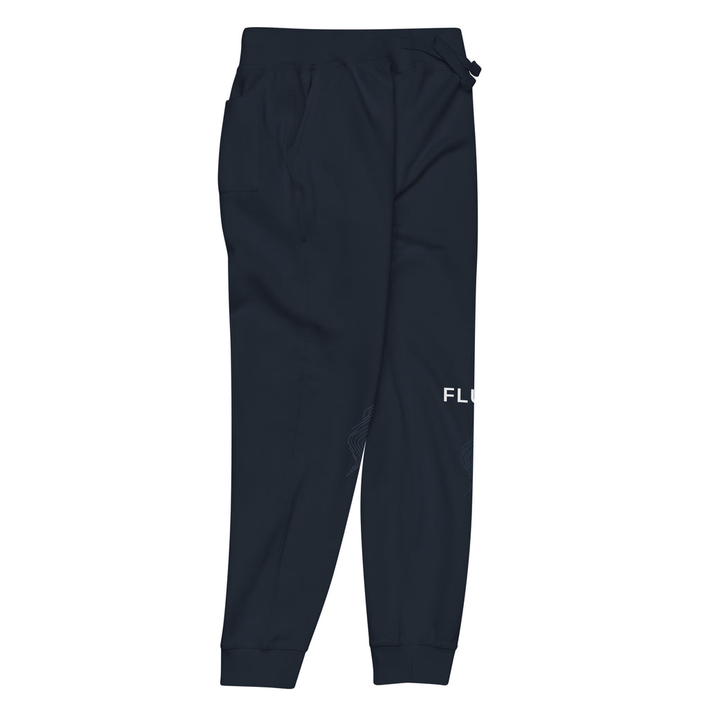 Arena Map Jogger in Navy Blazer cotton-blend fleece, front-right angle showing tonal printed map detailing.