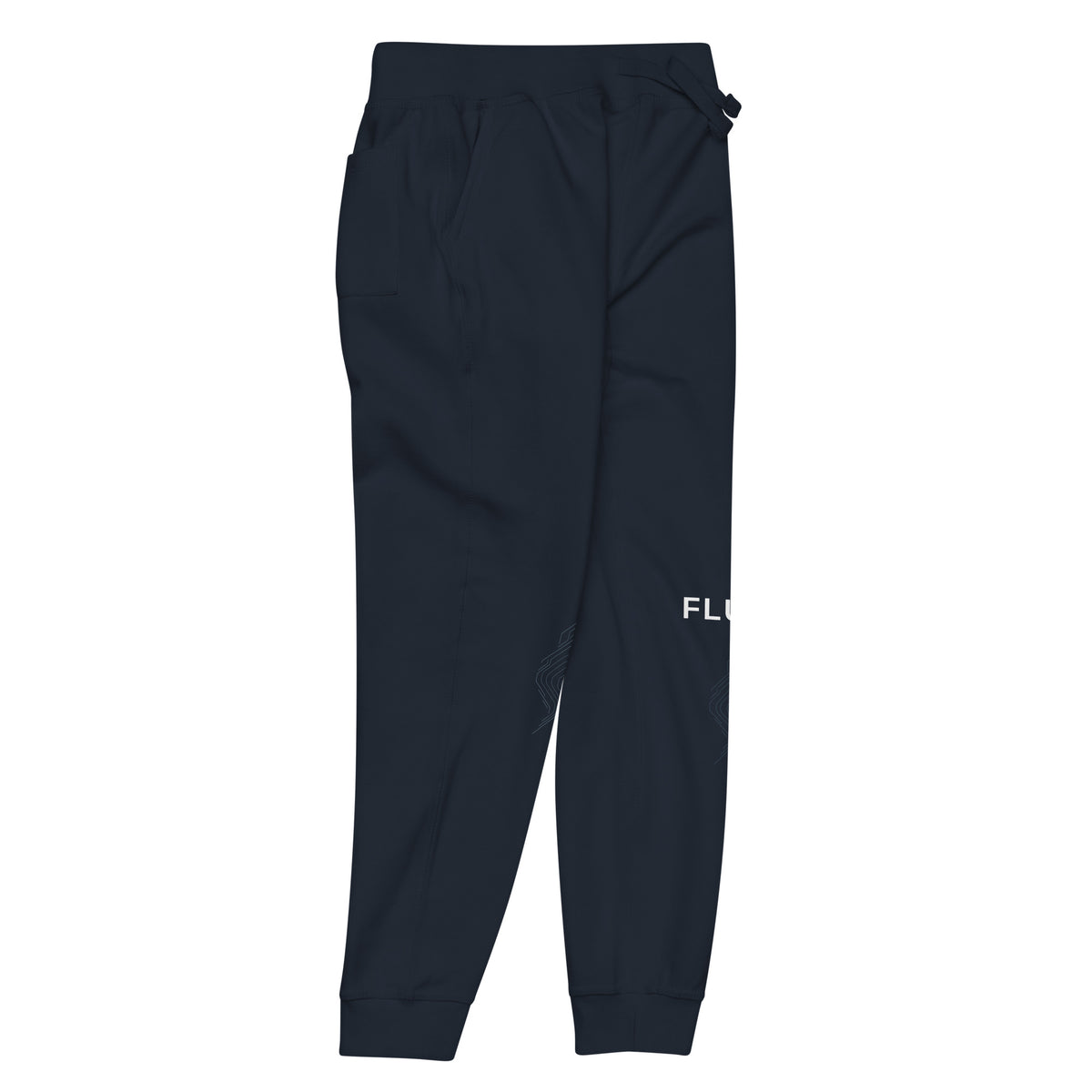 Arena Map Jogger in Navy Blazer cotton-blend fleece, front-right angle showing tonal printed map detailing.