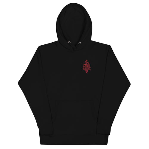 Front view of the black FLX AWAY Red Side Hoodie with a small red outline RED SIDE crest at the wearer-left chest and a kangaroo pocket.