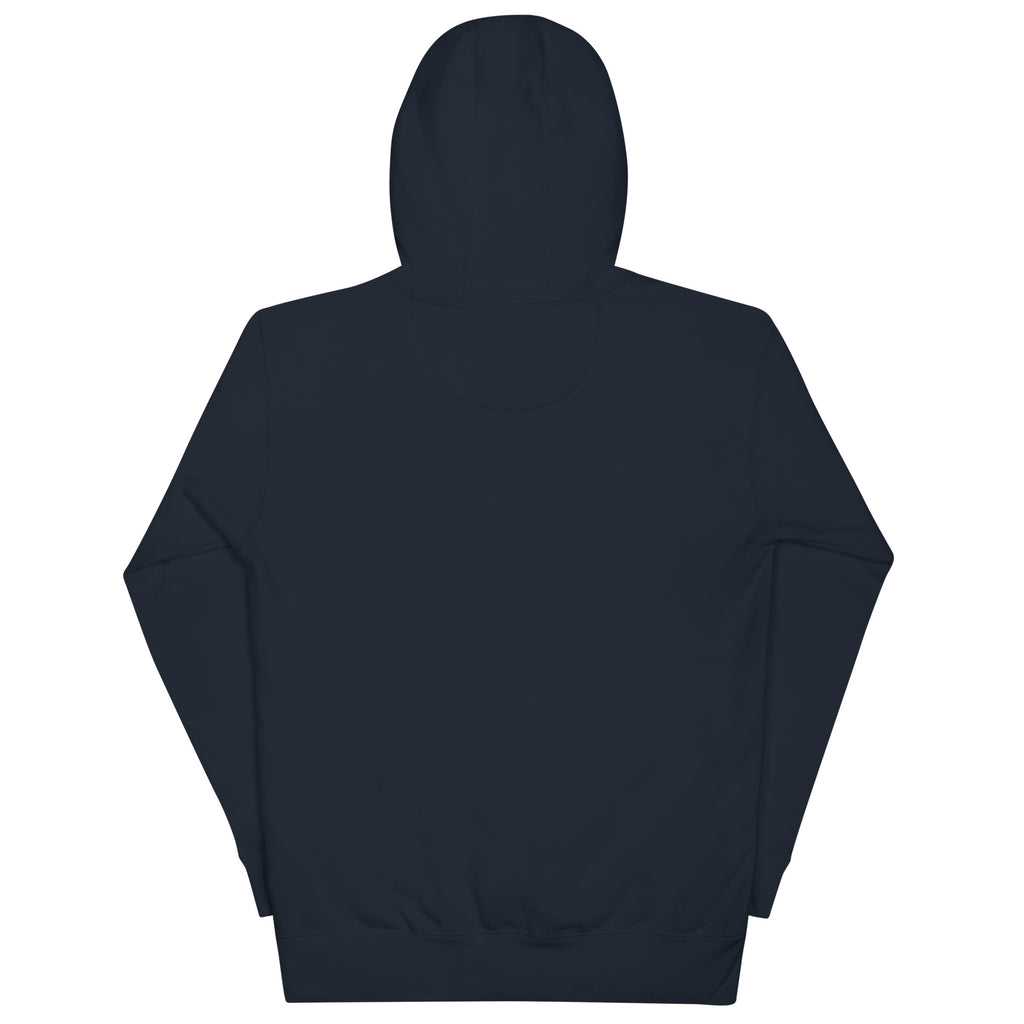 Back view of the Navy Blazer FLX Genesis Arena Map Hoodie, showing its plain back, hood and ribbed hem.