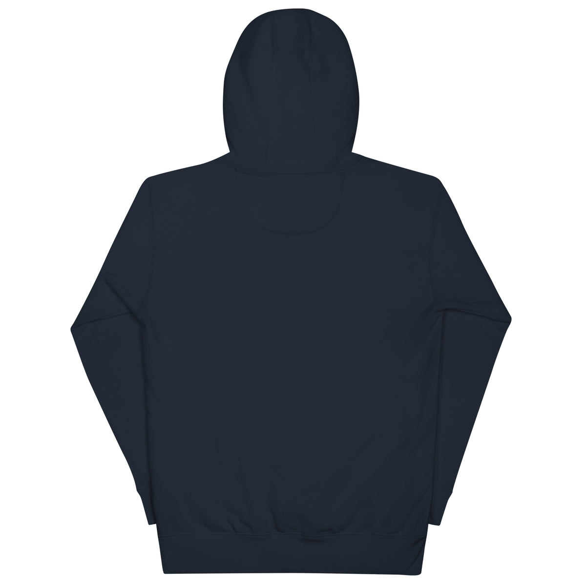 Back view of the Navy Blazer FLX Genesis Arena Map Hoodie, showing its plain back, hood and ribbed hem.