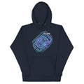 Front view of the Navy Blazer FLX Genesis Arena Map Hoodie with blue and purple arena artwork and a white FLUX wordmark above the kangaroo pocket.