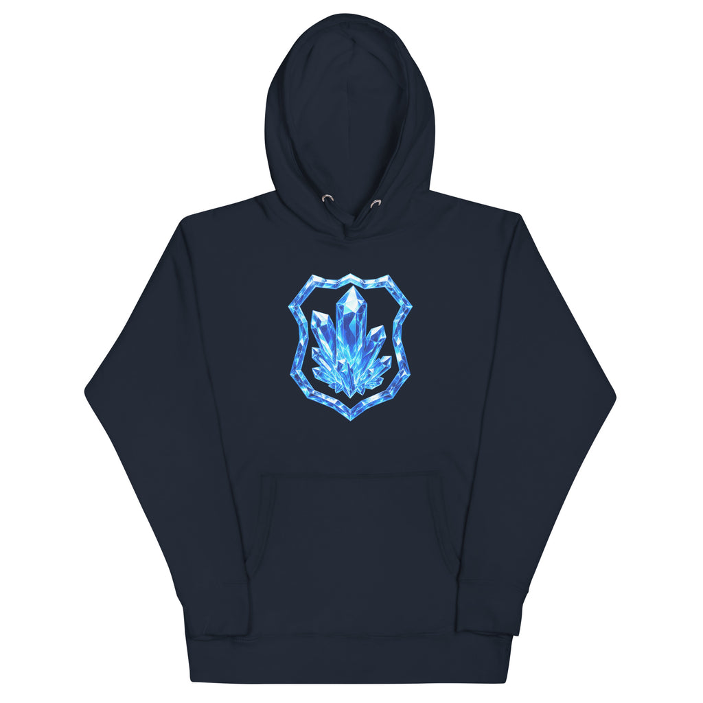 Front view of the Navy Blazer FLX HOME Blue Side Hoodie with a large blue crystal shield crest above the kangaroo pocket.