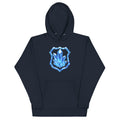 Front view of the Navy Blazer FLX HOME Blue Side Hoodie with a large blue crystal shield crest above the kangaroo pocket.