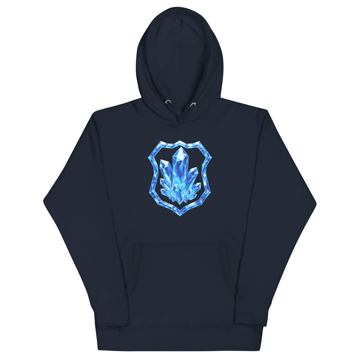 Front view of the Navy Blazer FLX HOME Blue Side Hoodie with a large blue crystal shield crest above the kangaroo pocket.