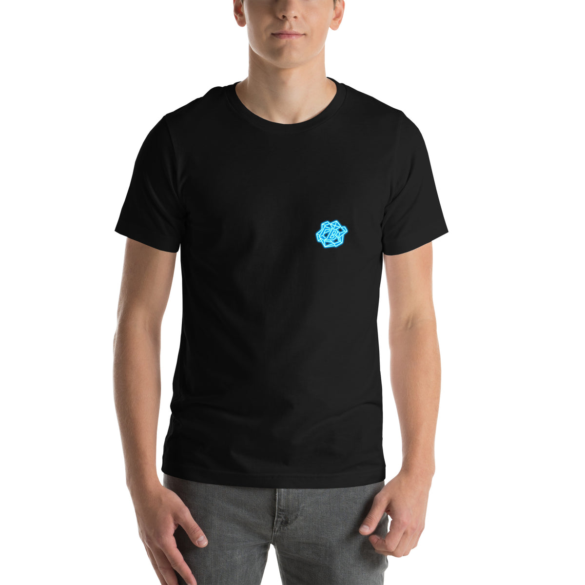 Model wearing the black FLX HOME Blue Side Tee, with a compact cyan crest at the wearer-left chest.