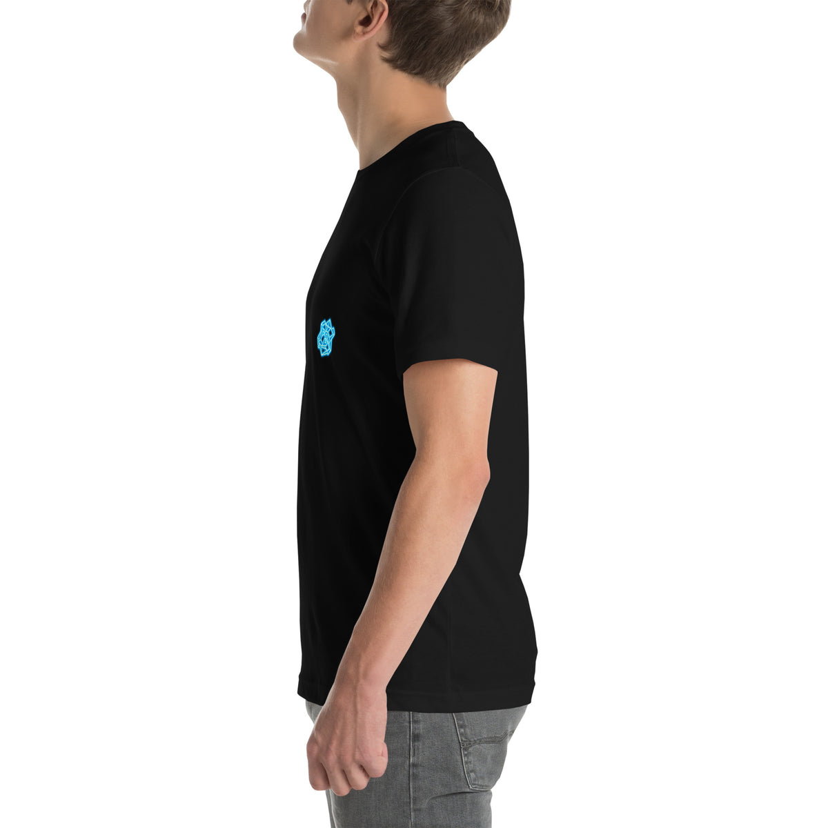 Left-side model view of the black FLX HOME Blue Side Tee, with the cyan chest crest partly visible.