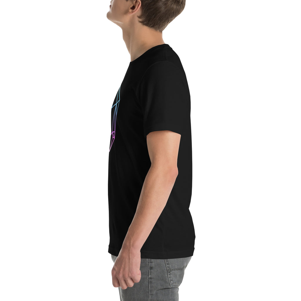 Left-side view of the black FLX GENESIS 01 Crystal Tee, showing the plain sleeve and side.