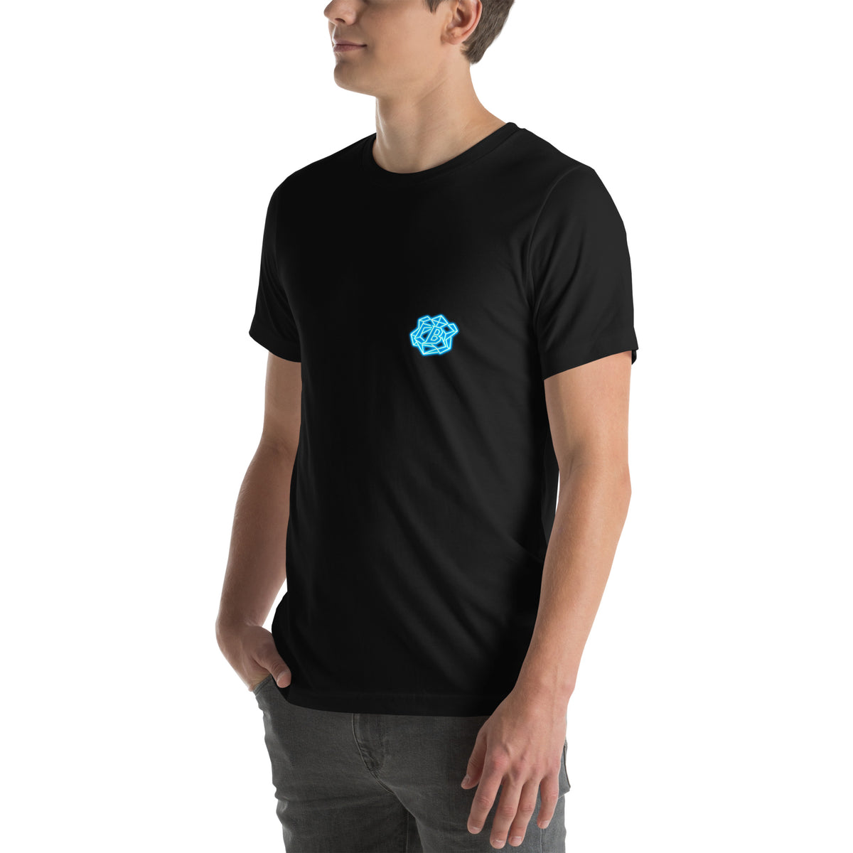 Angled front model view of the black FLX HOME Blue Side Tee showing the compact cyan crest at the wearer-left chest.