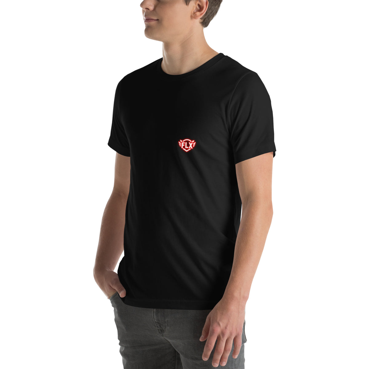 Angled front model view of the black FLX AWAY Red Side Tee showing the compact red FLX crest at the wearer-left chest.