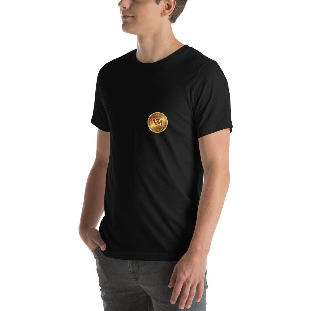 Angled front model view of the black FLX V-Money Coin Tee showing the small gold-coloured coin at the wearer-left chest.