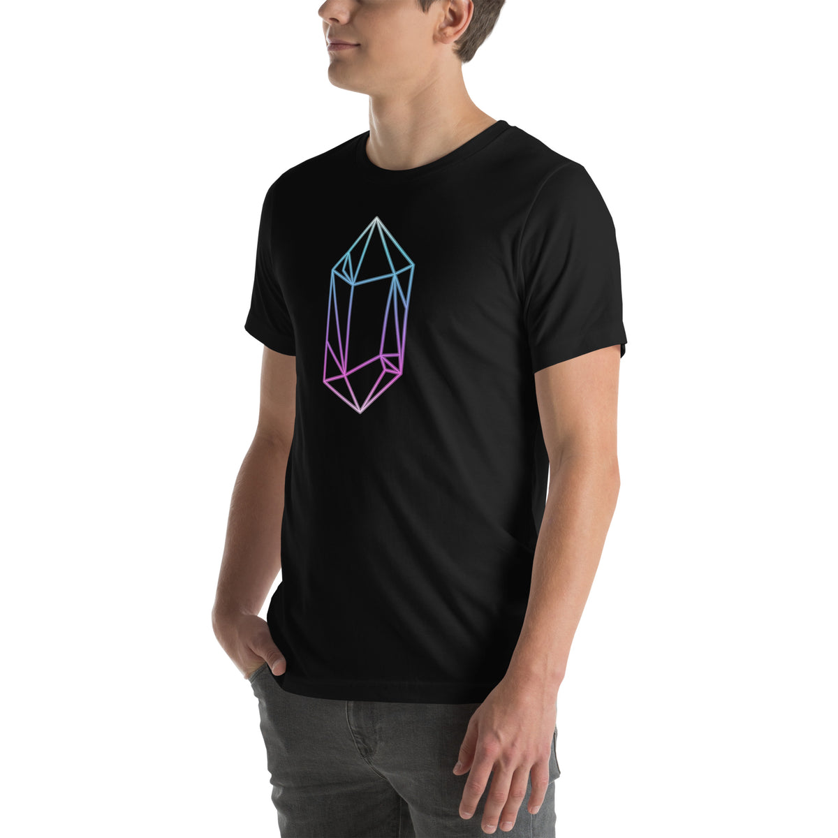 Angled left-front view of the black FLX GENESIS 01 Crystal Tee, with the crystal print on the chest.