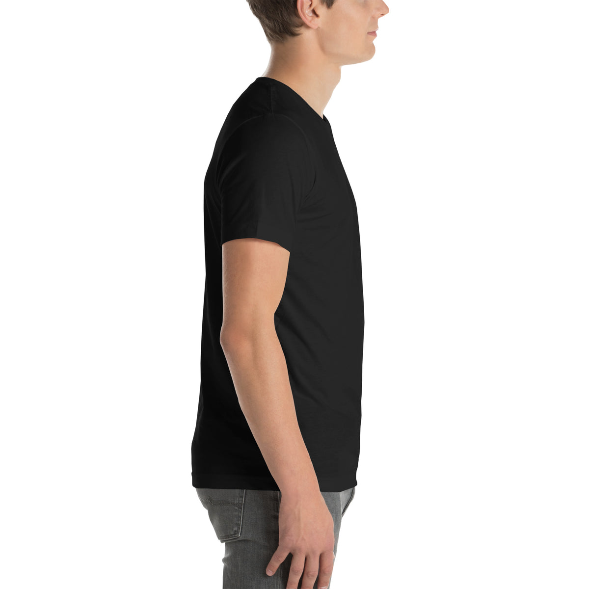 Right-side model view of the black FLX V-Money Coin Tee, showing the plain sleeve and side.