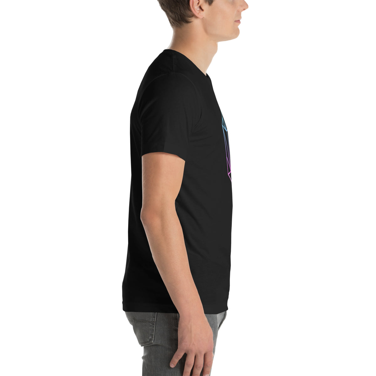 Right-side view of the black FLX GENESIS 01 Crystal Tee, showing the plain sleeve and side.