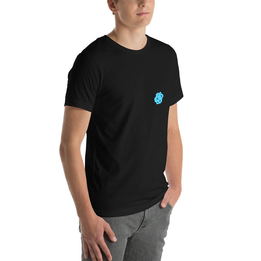 Right-front model view of the black FLX HOME Blue Side Tee, with the compact cyan crest visible at the wearer-left chest.