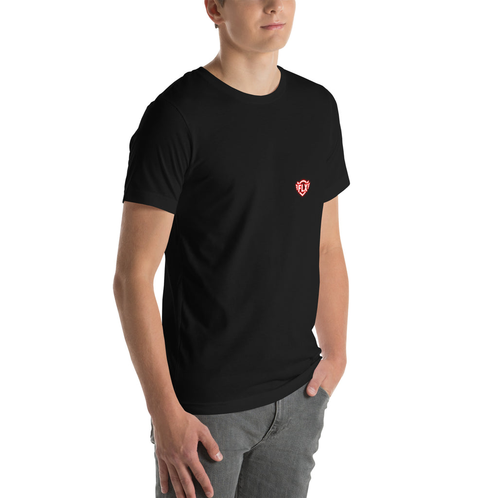 Right-front model view of the black FLX AWAY Red Side Tee, with the compact red FLX crest visible at the wearer-left chest.
