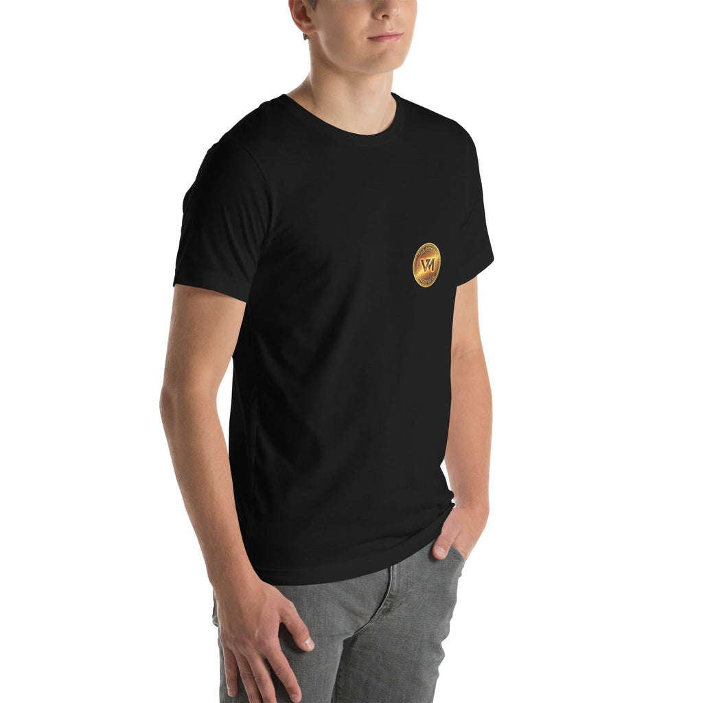 Right-front model view of the black FLX V-Money Coin Tee, with the small gold-coloured coin visible at the wearer-left chest.