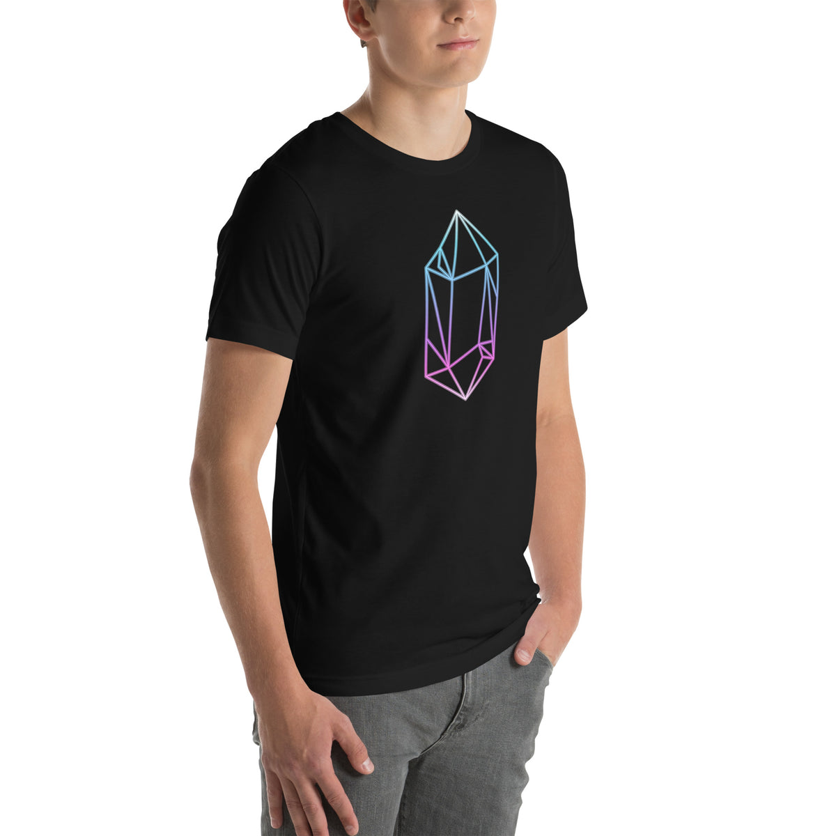 Angled right-front view of the black FLX GENESIS 01 Crystal Tee, with the crystal print on the chest.